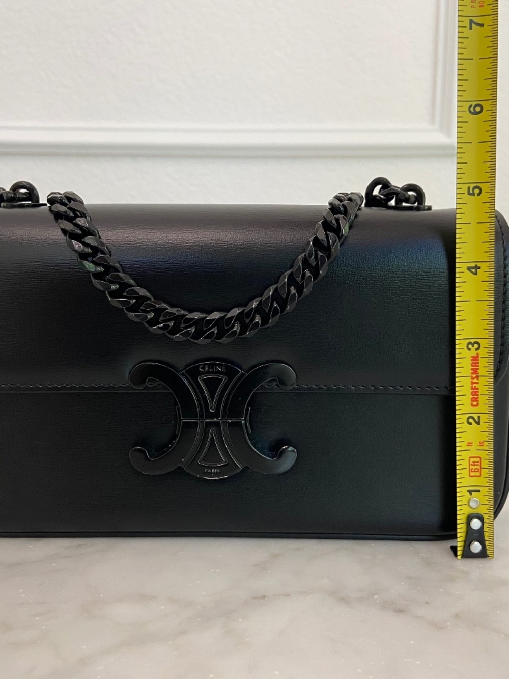 Auth Celine Leather Black on Black Triomphe Bag Chain Strap Black Metal Hardware - Picture 13 of 17